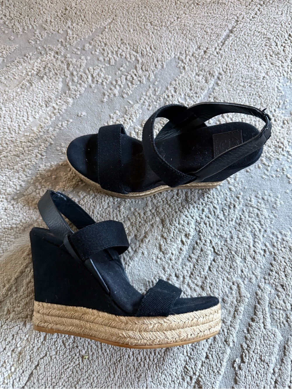 Tory Burch Wedge Sandals espadrille Black canvas stretchy straps 7.5